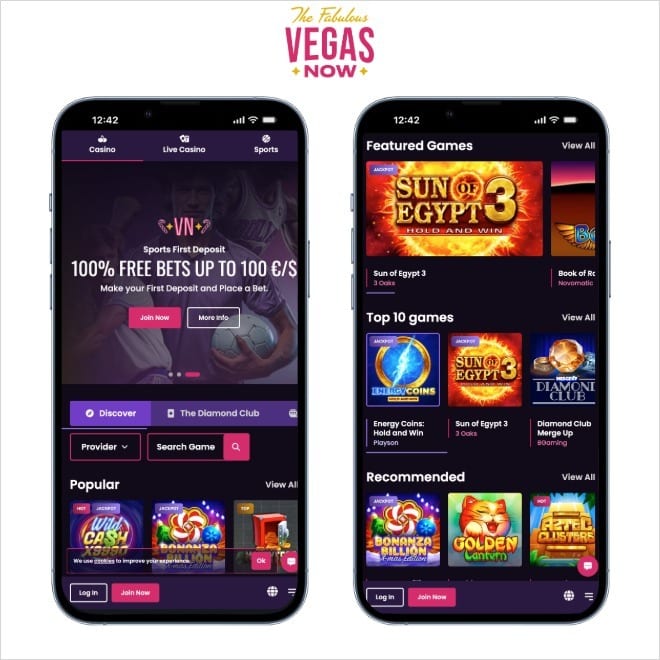 vegas now screenshots on mobile on a white background